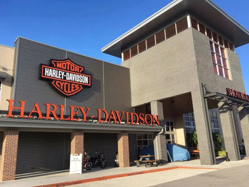 Harley-Davidson motorcycle dealership exterior storefront with signage