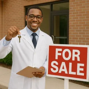 Doctor's Choice dentist in white coat holding keys and 'For Sale' sign outside brick building.