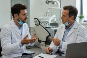 Two male dentists in white coats discussing treatment at dental office desk with microphone